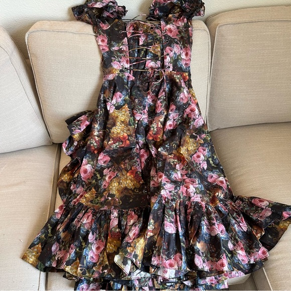 BEST NEW Selkie The Genevieve Foxglove Lace Up Midi Cotton Dress - Black Floral - Picture 6 of 13